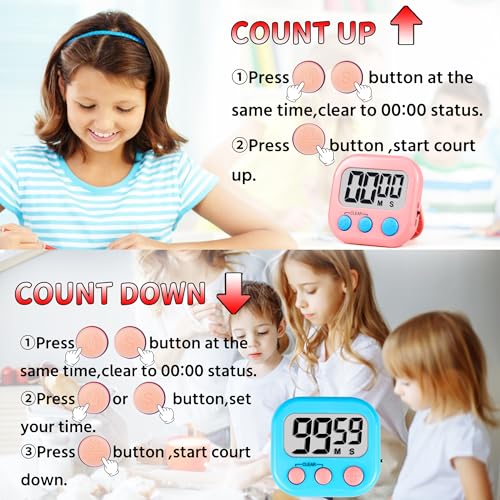 Timer for Kids Digital Kitchen Timers for Cooking- 2 Pack Blue Pink - color: Blue Pink