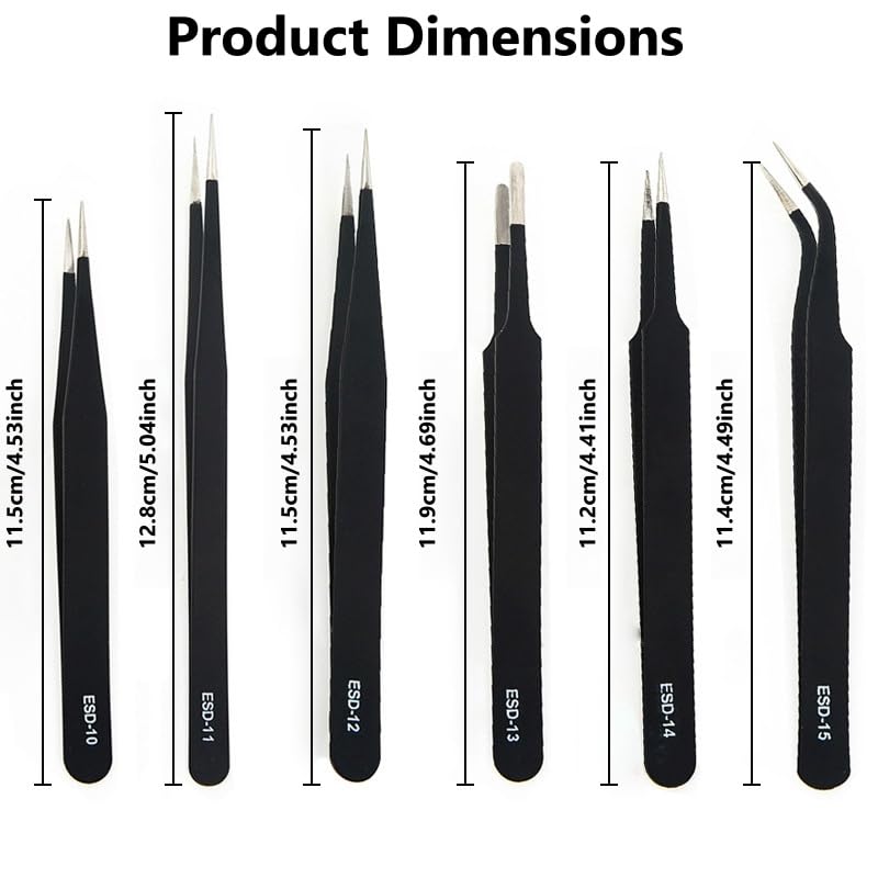 6-Piece Precision Tweezers Set, ESD Tools for Electronics Repair and Crafts