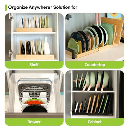 Pots and Pans Organizer under Cabinet Expandable Bamboo Pot Lid Holder Rack - color: Natural
