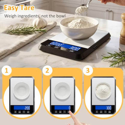 Letron Food Scale, 33 lb / 0.1 oz High Precision Kitchen Scale for Sourdough Bread, Built-in 7 Units, Timing & Tare Function, Rechargeable Digital Kitchen Scale for Food, Baking, Cooking, White - color: Silver