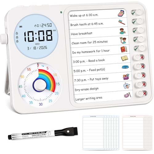 3-in-1 Visual Timer & ADHD Tool for Kids – ADHD Task Timer for Adults with Visual Schedule, Chore Chart & Planning Board for Home, School, Classroom, Work (White) - color: White