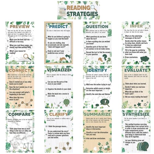 Outus 13 Pcs Reading Strategies Posters Classroom Decorations Reading Bulletin Board Posters Elementary Educational Wall Prints Library Decorations for Middle High Schools Teacher Supplies (Greenery) - style: Greenery