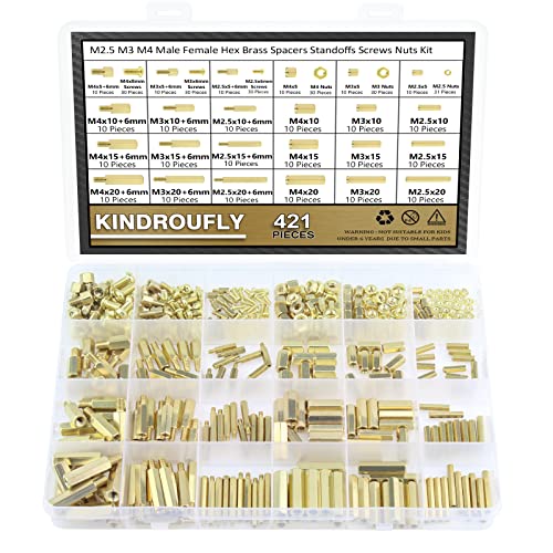 421 Pieces M2.5 M3 M4 Male Female Hex Brass Standoffs Spacers Screws Nuts Kit, Kindroufly Brass Standoffs Assortment Kit for PCB Motherboard - size: M2.5 M3 M4 Brass Standoffs