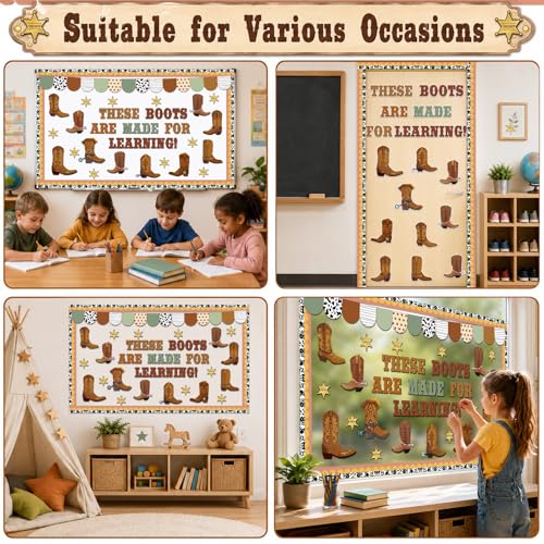 Western Cowboy Bulletin Board Decoration Set Wild Western Cowboy Boot Paper Cutouts These Boots are Made for Learning Brown Bulletin Board Border Set for Back to School Chalkboard Wall Decor Supply - style: Western Cowboy
