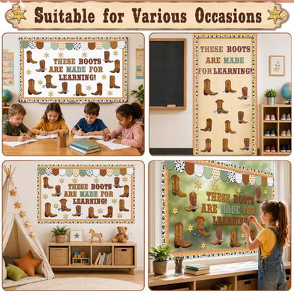 Western Cowboy Bulletin Board Decoration Set Wild Western Cowboy Boot Paper Cutouts These Boots are Made for Learning Brown Bulletin Board Border Set for Back to School Chalkboard Wall Decor Supply - style: Western Cowboy