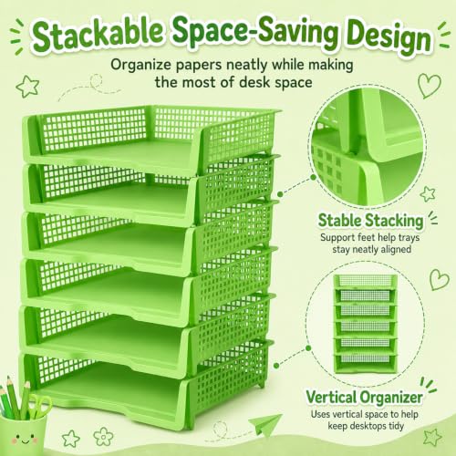 6 Pcs Green Turn in Trays Classroom, Stackable Paper Bins for Classroom, 13x9x2.8 inch Plastic Baskets Desktop Organization System Office (Green) - color: Green