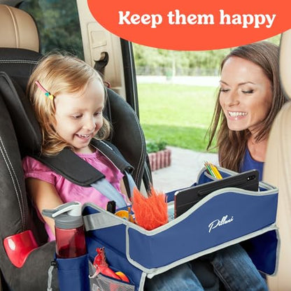 PILLANI Kids Travel Tray for Car - Toddler Travel Essential with iPad Holder & Dry Erase Board - Road Trip Essentials - Carseat Table - Toddler Lap Desk Organizer for Airplane - Kids Travel Essentials - color: Blue