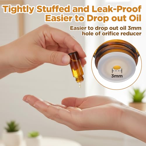 100 Packs 5 ml (1/6 oz) Mini Essential Oil Bottles with Caps, Amber Glass Empty Refillable Travel Glass Liquid Sample Vial Preservation Storage Vials Test Container-Rubber Stopper&Dropper