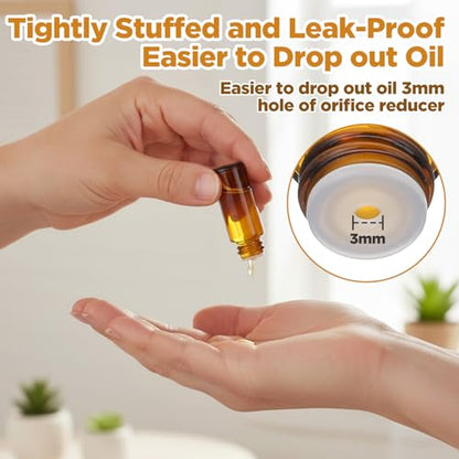 100 Packs 5 ml (1/6 oz) Mini Essential Oil Bottles with Caps, Amber Glass Empty Refillable Travel Glass Liquid Sample Vial Preservation Storage Vials Test Container-Rubber Stopper&Dropper