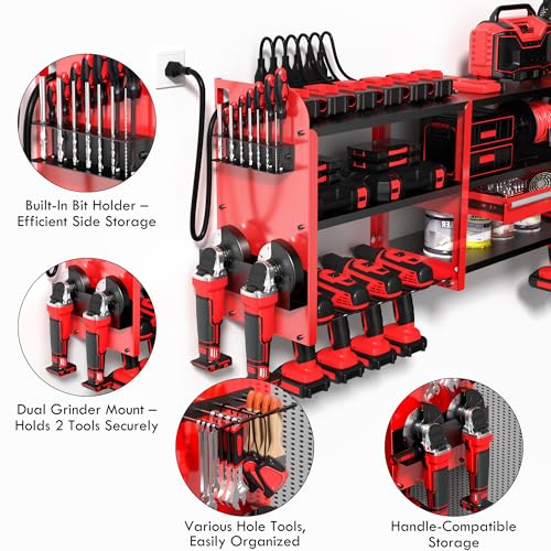 KSVO Large Power Tool Organizer Wall Mount with Locking Drawers, Red - color: Red