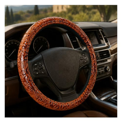 15" Leather Car Steering Wheel Cover (Brown) - color: Brown