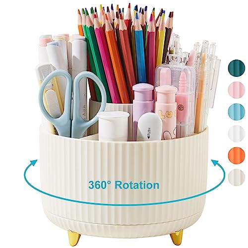 Desk Pencil Pen Holder, 5 Slots 360 Degree Rotating Pencil Pen Organizers for Desk Desktop Storage Stationery Supplies Organizer Cute Pen Cup for Office School Home Art Supply Cream Yellow - color: Cream Yellow