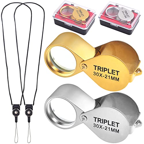 2 Pack 30X 21mm Small Pocket Triplet Jewelry Loupe Metal Folding Magnifying Glass Jewlers Loop with Attached Rope Straps Eye Glass Magnifier for Gems Coins Maps Stamps Currency Detect