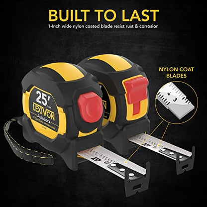 LEXIVON [4-Pack] 25Ft/7.5m Tape Measure, DuaLock & AutoLock | 1-Inch Wide Blade with Nylon Coating, Matte Finish White & Yellow Dual Sided Rule Print | Ft/Inch/Fractions/Metric (LX-204X2) - size: 4PK-25FT DuaLock & AutoLock