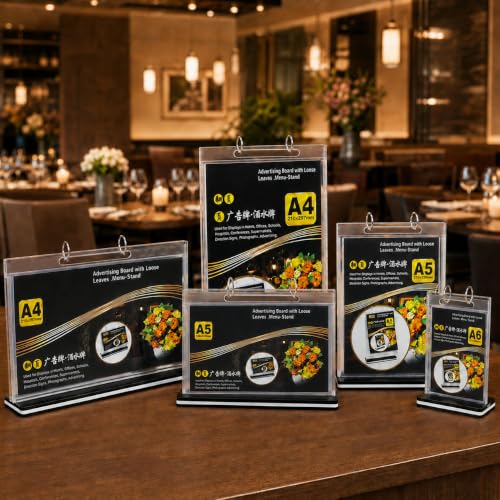 2Pcs Table Flip Menu Holder with 6 Pages Sleeve, 4" X 6" Tabletop Sign Vertical Display Stand with Base, Acrylic PVC Rotating Rack, for Photo, Restaurant, Bar, Job Fair - size: A6, Vertical, 2pcs