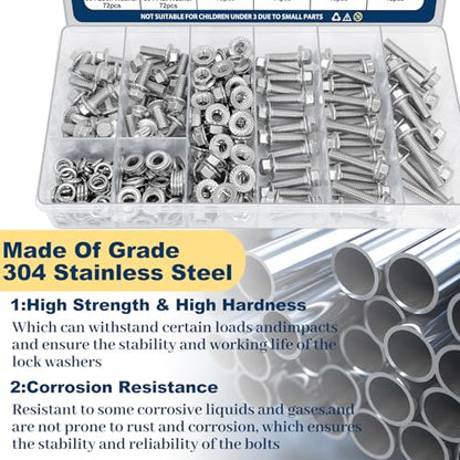 M6-1.0 Flange Bolt & Nut(12/16/20/25/30mm) Assortment Kit Stainless 288Pcs - size: SS Metric M6