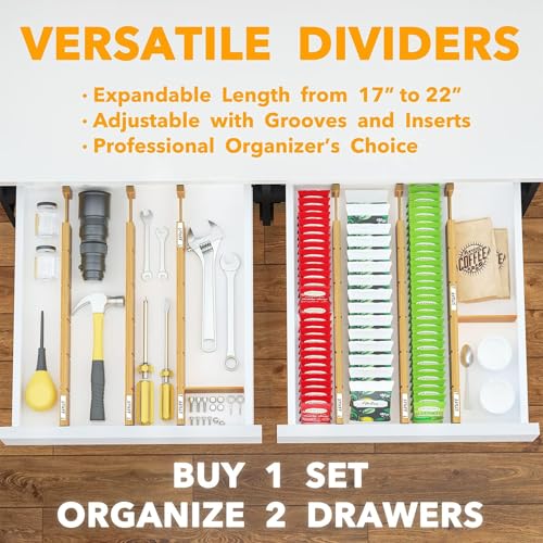 SpaceAid Bamboo Drawer Dividers with Inserts and Labels, Kitchen Adjustable Drawer Organizers, Expandable Organization for Home, Office, Dressers and Bathroom, 6 Dividers with 12 Inserts (17-22 in) - size: 17-22 inch