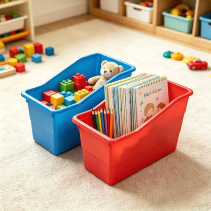 12 Pack Book Bins for Classroom Stackable Plastic Storage with Labels - color: Rainbow