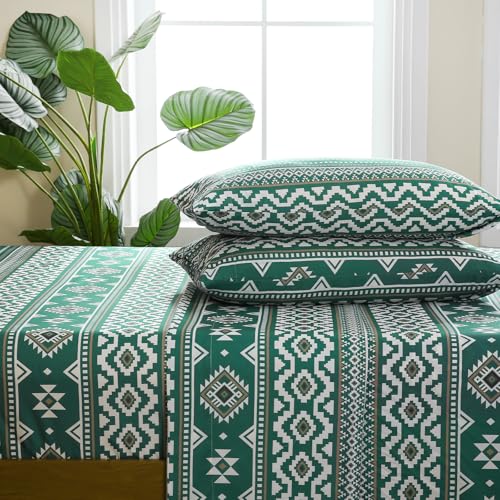 CozySmile 4 Pieces Queen Sheet Set Bohemian, Boho Sheets Soft Microfiber Deep Pocket, Western Sheets Geometric(Queen, Emerald Green) - color: B-emerald Green, size: Queen