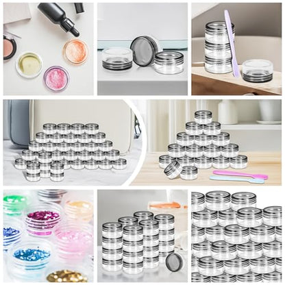 200 Pack 5g Plastic Jars with Lids, 5ml Round Clear Cosmetic Containers Makeup Jars, 5gram Travel Size Container Jar with Spatulas for Makeup Lotion Cream Sample Ointment Salve Balm Powder - color: Black, size: 200PCS