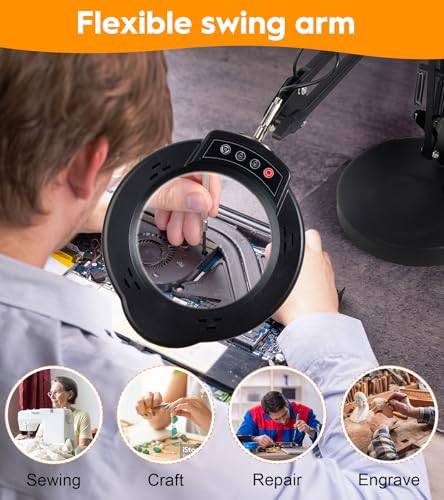 10X 15X Magnifying Glass with Light and Stand, LED Desk Magnifying Lamp with Base and Clamp, 5 Color Modes, 10 Dimmable Levels Lighted Desktop Magnifier for Reading, Crafts, Jewelry, Sewing