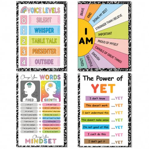 Growth Mindset Posters for Classroom, Set of 4 Large 11x17 Growth Mindset Classroom Decor, Voice Levels Poster, Change Your Words, Power of Yet & Positive Affirmation Mindset Poster - color: Growth Mindset