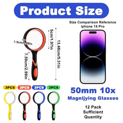 12 Pack Magnifying Glass, 50 mm 10 X Glasses Lens Reading Magnifier for Kids and Seniors, Non-Slip Handheld Magnifying Glass for Close Work, Nature Exploration