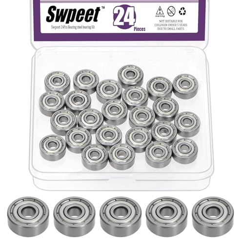 Swpeet 24Pcs 624ZZ Ball Bearings Assortment Kit, 4 x 13 x 5mm Bearing Steel Deep Groove Bearings, Miniature Bearings, Double Shielded - size: 624ZZ-24PCS, style: Bearing Steel