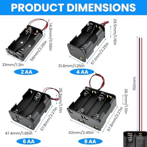SDTC Tech 4-Pack 2/4/6/8 x AA Battery Holder with Wire Leads 3/6/9/12 Volt Battery Case Box Kit for Arduino Project Led Circuit Experiment - color: 2/4/6/8 Slot Kit