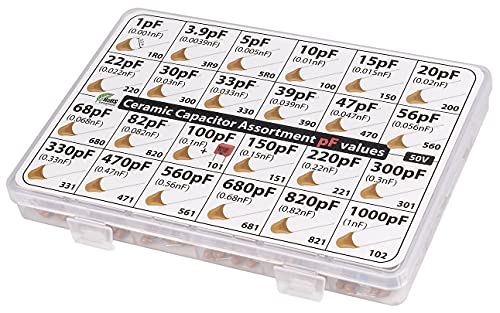 pF Values - Box Capacitor Kit Assortment 485 pcs 24 Values, All pF: 1pF, 3.9pF, 5pF, 10pF, 15pF, 20pF, 22pF, 30pF, 33pF,39pF, 47pF, 56pF, 100pF, 150pF, 220pF, 330pF, 470pF 560pF 680pF 820pF 1000pF