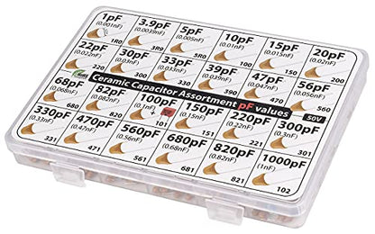pF Values - Box Capacitor Kit Assortment 485 pcs 24 Values, All pF: 1pF, 3.9pF, 5pF, 10pF, 15pF, 20pF, 22pF, 30pF, 33pF,39pF, 47pF, 56pF, 100pF, 150pF, 220pF, 330pF, 470pF 560pF 680pF 820pF 1000pF