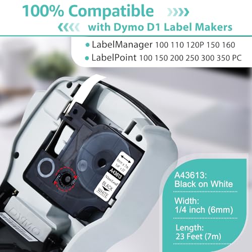 NineLeaf 3 Pack Compatible for Dymo D1 43613 S0720780 Label Tape 6mm 1/4 Inch Black on White Refills Labeler for LabelManager 160 280 360D PNP LabelWriter 450 Duo ColorPop 3M Label Maker - color: Black on White, size: 6mm