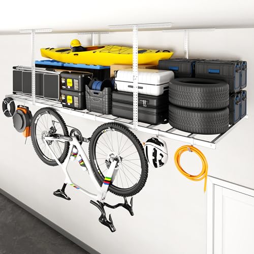 FLEXIMOUNTS 4x8 Overhead Garage Ceiling Storage Rack with 6 Hooks, White - color: White
