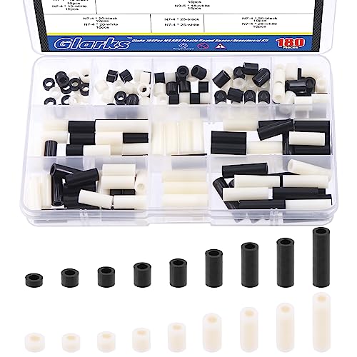 Glarks 180Pcs Nylon Round Spacer Assortment Kit for M4 Screws, Electrical Outlet Screws Spacers, Black and White ABS Round Washers Hardware Spacer Bracket for Electrical Screws Switch and Receptacle - size: M4 (Black and White)