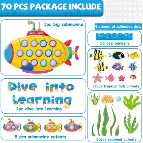 Summer Under The Sea Bulletin Board Classroom Decoration Dive Into Learning Sea Animal Ocean Bulletin Board Sets Submarine Tropical Fish Cutouts for School Chalkboard Wall Supplies - style: Submarine
