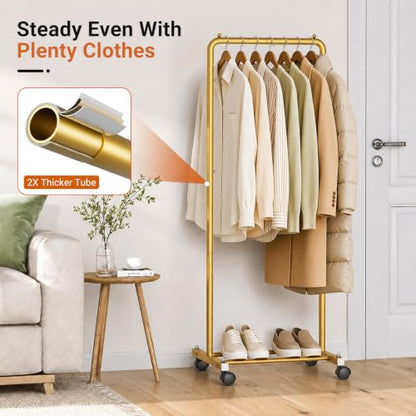 AOODA Small Clothing Rack for Hanging Clothes with Wheels, Gold