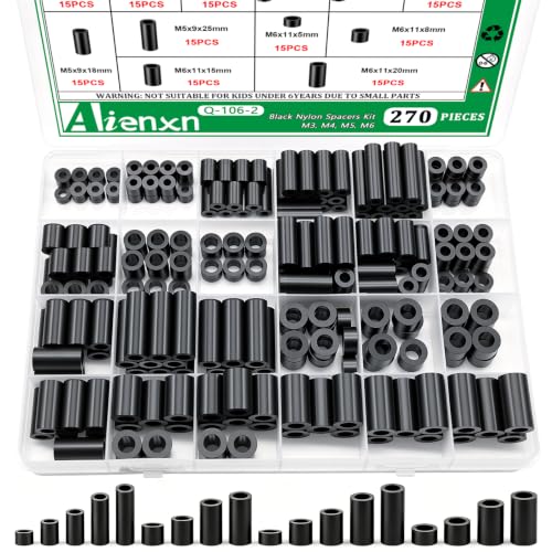 270PCS Black M3-M6 Nylon Spacers Kit, 18 Sizes- 3mm, 5mm, 6mm, 8mm, 10mm, 18mm, 20mm, 25mm Length for M3-M6 Screws, Non-Threaded Round Plastic Spacers Suitable for Switch & Receptacle Screws - color: Black, size: 270PCS (M3-M6)