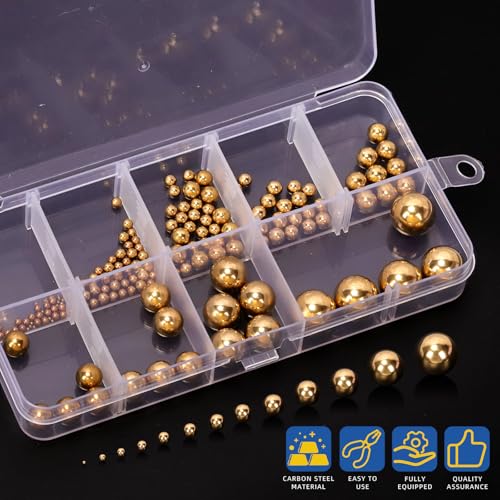 Glarks 160pcs 1-12mm 13 Sizes Precision Solid Brass Bearing Balls Assortment, Yellow Brass Hardness Round Ball, Industrial Ball Bearing for Machinery, Automotive, Valves, Ball Mill - size: 1-12mm