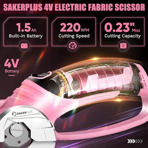 SakerPlus Cordless Electric Scissors, 4V Rechargeable Cardboard Cutter - size: Rotary Cutter with Carrying Case (Pink)