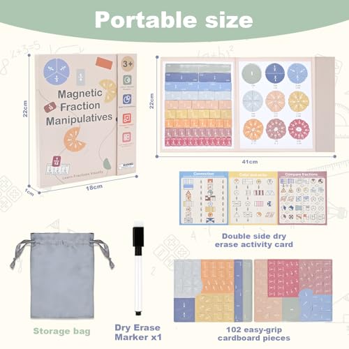 Magnetic Fraction Book, Montessori Fraction Math Manipulatives for Kids - size: 8.6 × 16.1 in