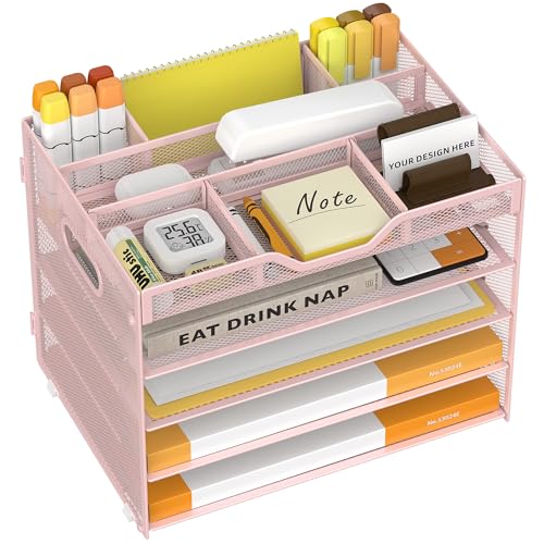 5 Tier Paper Letter Tray Desk Organizer with Pen Holders - Pink - color: 5 Tier-Pink, size: 12.5" x 9.1" x 10.3"
