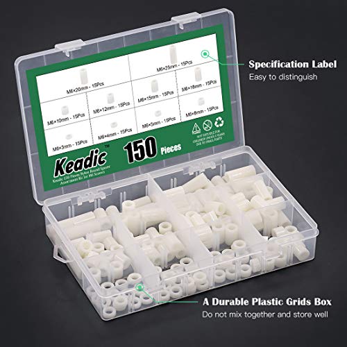 Keadic 150 Pieces Nylon Round Spacer Standoffs Assortment Kit, OD 11mm and ID 6.2mm, Length 3mm 4mm 5mm 8mm 10mm 12mm 15mm 18mm 20mm 25mm for M6 Screws