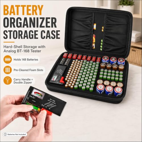 Comecase Battery Organizer Storage Case with Tester, Holds 148+ Batteries - size: Large 148+Batteries