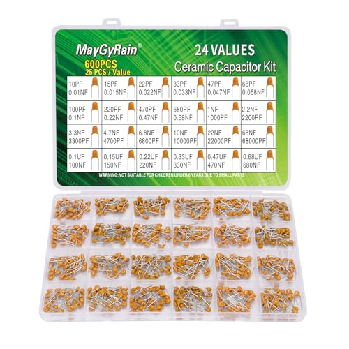 Ceramic Capacitor Kit – 24 Values, 600PCS, 10pF to 0.68µF, Monolithic Capacitors Assortment for Arduino, DIY Electronics, Power Supply, Audio Circuits (24Values*25pcs=600pcs)
