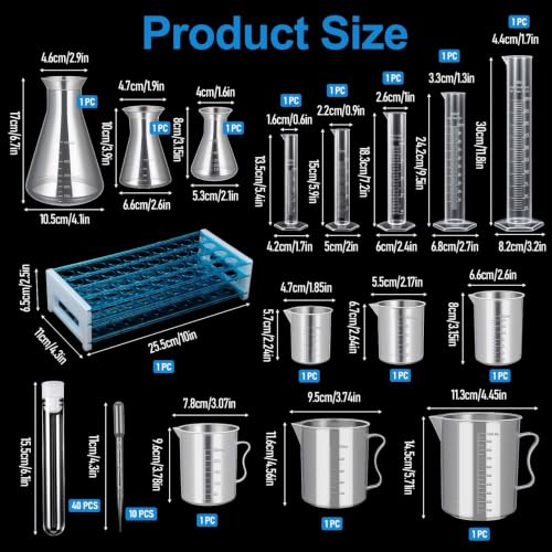 65 Pcs Plastic Graduated Cylinder and Beakers, Plastic Test Tubes Set with Rack, Including 5 Graduated Cylinders, Beakers, 3 Erlenmeyer Flasks, 10 Pipettes, 40 Tubes, Ideal for Science Lab DIY