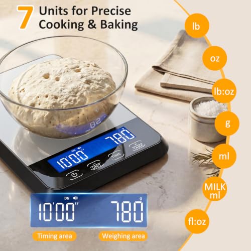 Letron Food Scale, 33 lb / 0.1 oz High Precision Kitchen Scale for Sourdough Bread, Built-in 7 Units, Timing & Tare Function, Rechargeable Digital Kitchen Scale for Food, Baking, Cooking, White - color: Silver