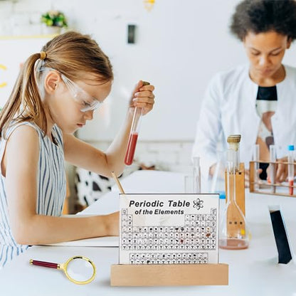 Large Periodic Table with 83 Real Elements Inside, Acrylic Periodic Table of Chemical Elements with Wooden Stand and Magnifying Glass, Periodic Tables Display with Element for Teacher Students - size: 8.3"L x 5.5"W