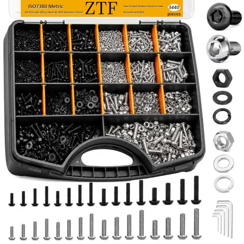 ZTF 3440pcs Metric Screw Assortment Kit, M2 M3 M4 M5 Machine Screws Nuts - size: Button Head ss+black 3440Pcs