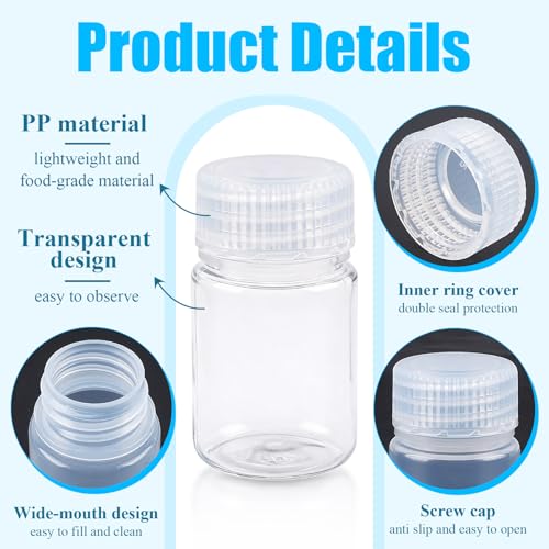 30 Pcs Airtight Pill Bottles, 1oz Plastic Wide Mouth Reagent Lab Bottle with Lids, Small Water Sample Container for Liquids, Toiletries,Travel(PP,Clear,30ML)