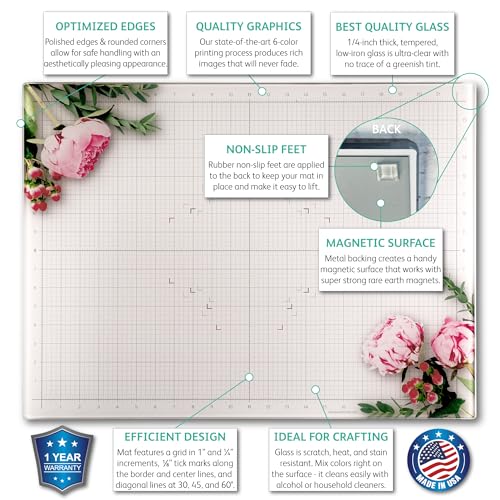 GLASSBOARD STUDIO Glass Craft Mat - Magnetic, Heat & Scratch Resistant - For Crafting, Cutting, Painting, Mixed Media Artwork - Grid Lines, Non-Slip Rubber Feet (Floral 13.5"L x 18"W) - color: Floral, size: 13.5"L x 18"W
